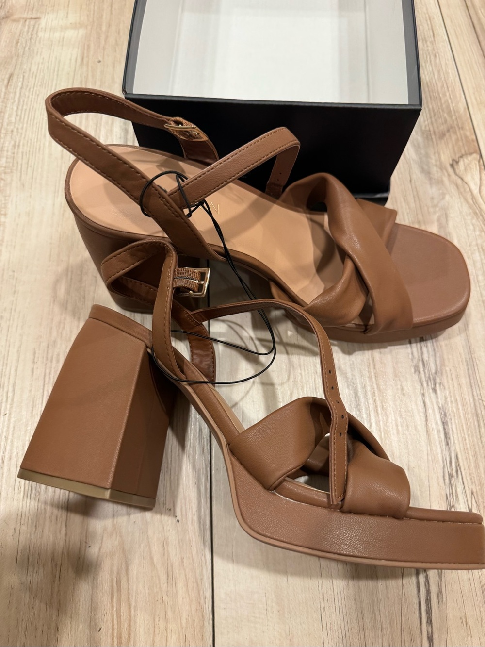 Thompson Tan Brown Block Heel Slingback Sandals